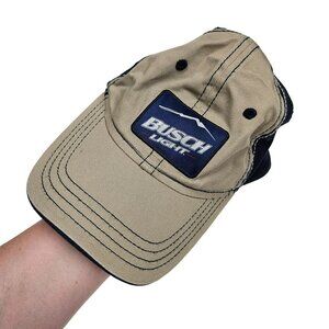 Busch Light Trucker Hat Adjustable‎ Fit Tan & Navy 713 Headwear Hook Loop strap